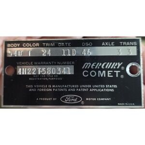 1964 Mercury Comet Data Plate Data Tag